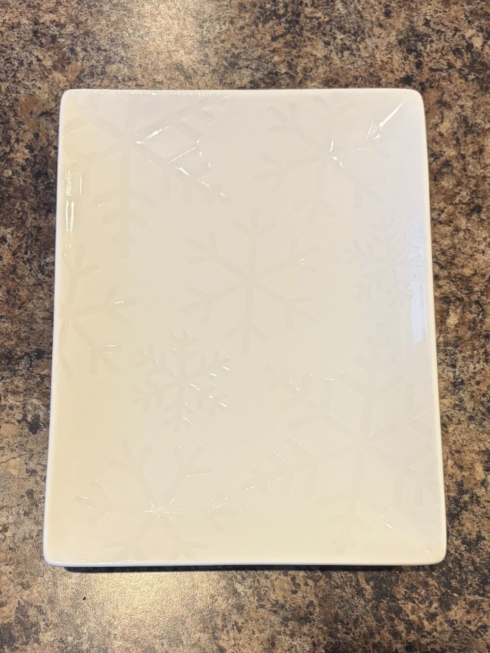 Crate & Barrel Snowflake Embossed White Rectangular Platter